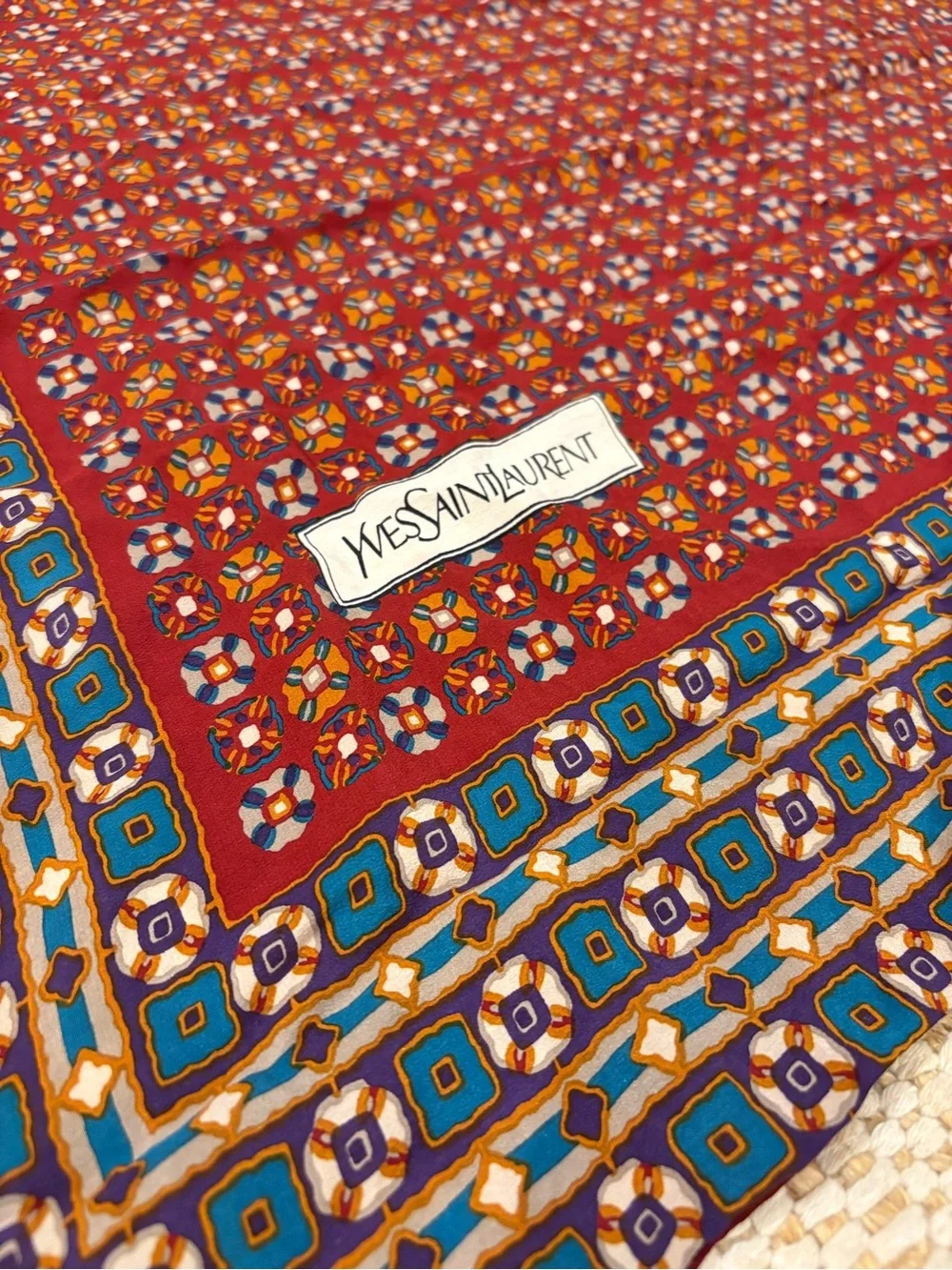 Yves Saint Laurent Red and Blue Geometric Patterned Silk Scarf